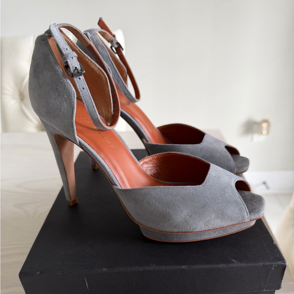Rebecca Minkoff Gray Suede Peep-Toe Ankle-Strap Heels